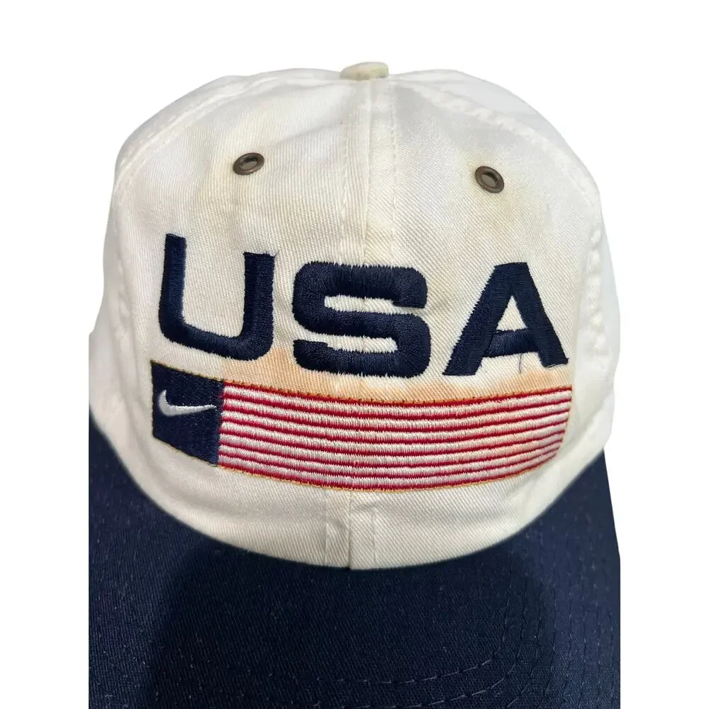 Vintage 90s Nike USA Flag Snapback Hat Made in USA White Navy Olympic Cap